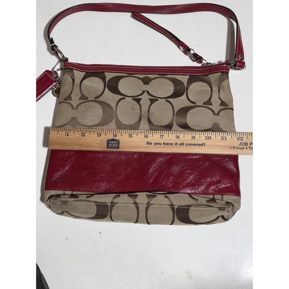 Coach Signature Canvas Shoulder Bag Red Leather Trim Zip Hobo Purse - Picture 8 of 10